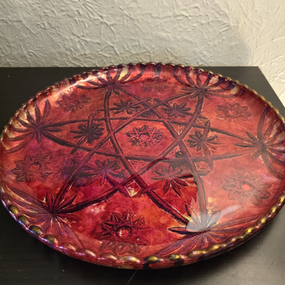 HANDCRAFTED Upcycled Deep Etched Glass Platter HANDPAINTED Tabletop ART Decor - Picture 6 of 17